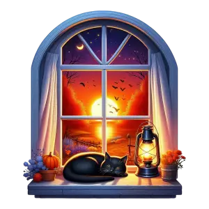 Cozy Autumn Window Scene with Sleeping Black Cat and Lantern