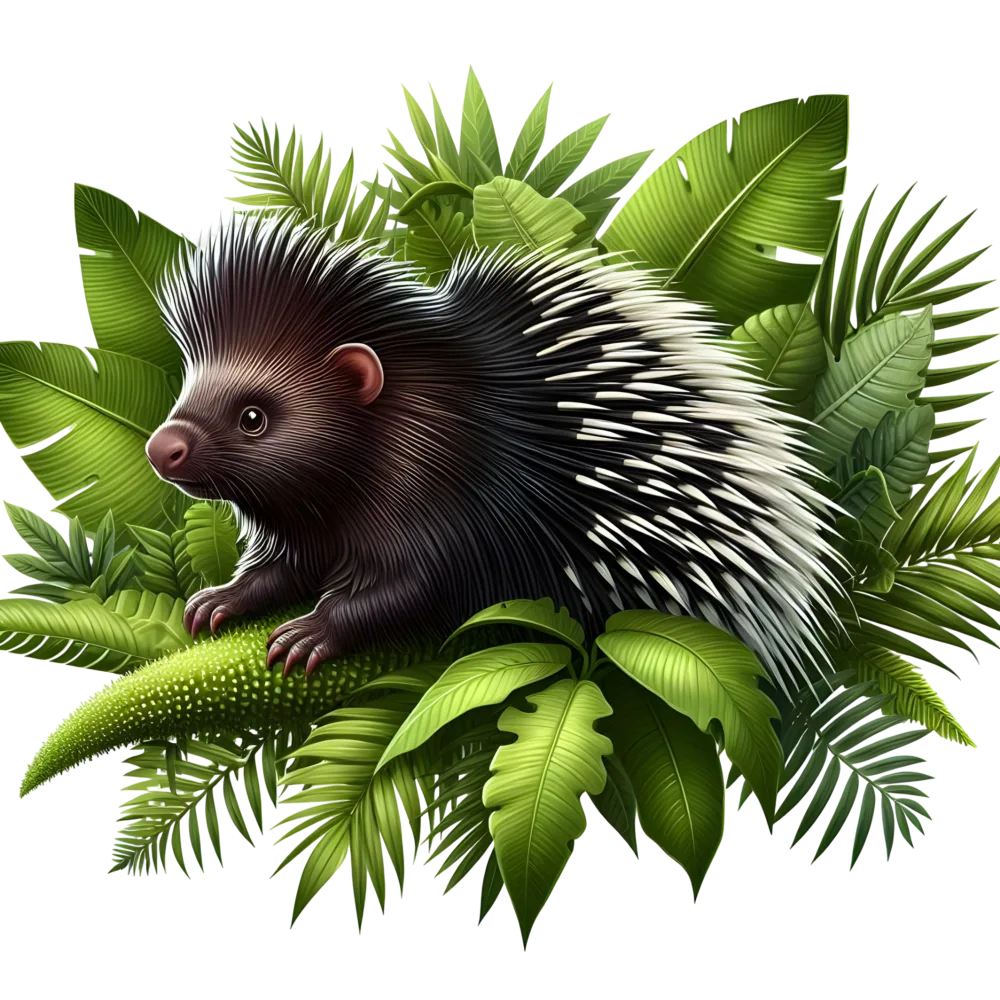 Porcupine Sitting on Green Tropical Leaves