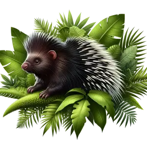 Porcupine Sitting on Green Tropical Leaves