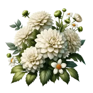 White Dahlia and Daisy Flower Bouquet with Green Leaves