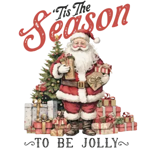 Vintage Santa Claus with Christmas Gifts and Tree Illustration