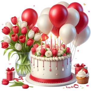 Red and White Birthday Celebration Setup with Cake, Balloons, Tulips, and Gifts