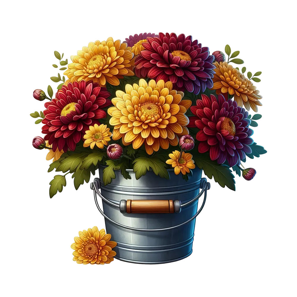 Colorful Chrysanthemums in Metal Bucket