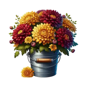 Colorful Chrysanthemums in Metal Bucket