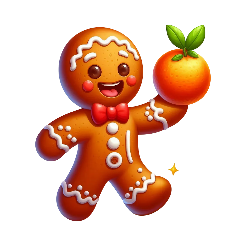 Cute Gingerbread Man Holding an Orange with Leaves