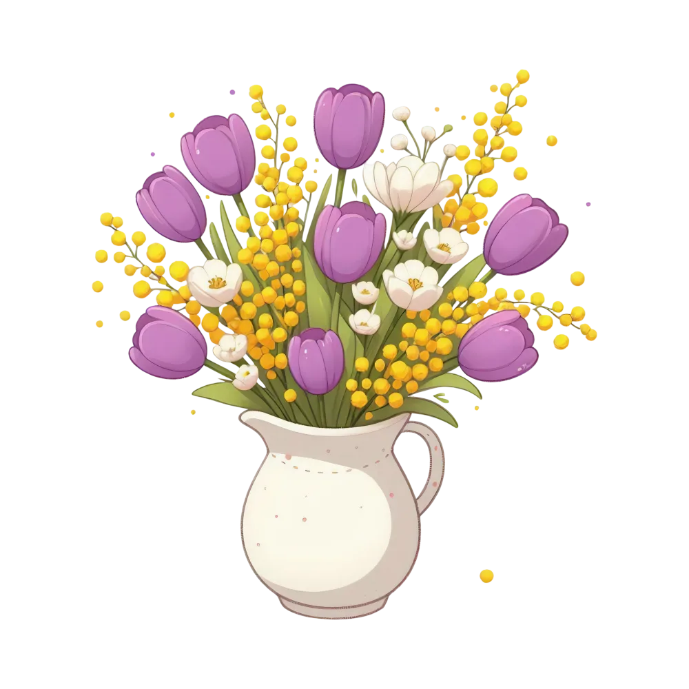 Bouquet of Purple Tulips and Yellow Mimosa in White Pitcher