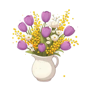 Bouquet of Purple Tulips and Yellow Mimosa in White Pitcher