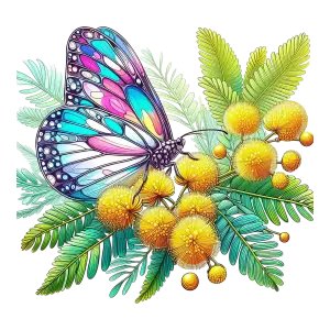 Colorful Butterfly on Yellow Mimosa Flowers with Green Leaves