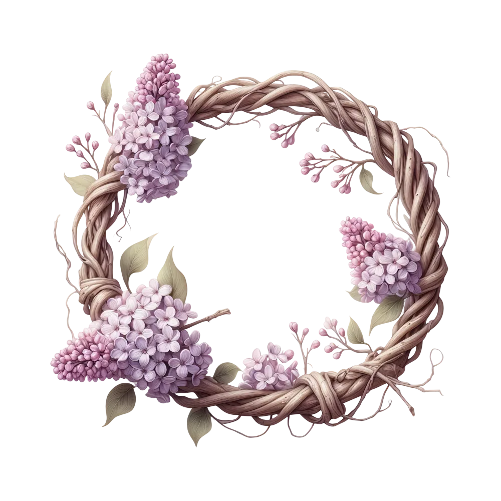 Floral Wreath with Pink Lilac Blossoms and Twisted Branch Frame