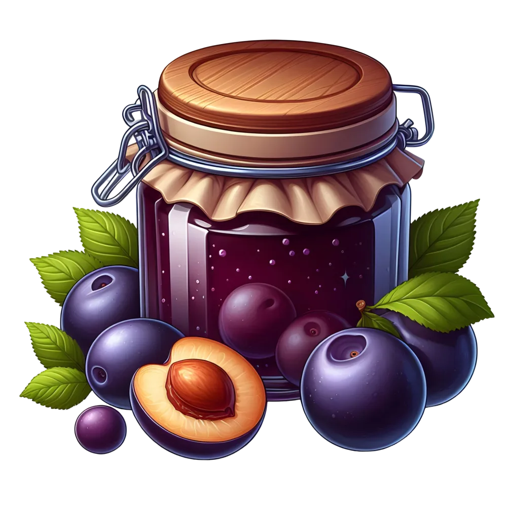 Jar of Plum Jam with Fresh Purple Plums and Leaves