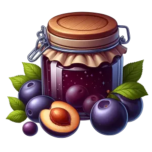 Jar of Plum Jam with Fresh Purple Plums and Leaves