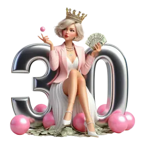 Stylish Woman with Crown and Money Celebrating 30th Birthday