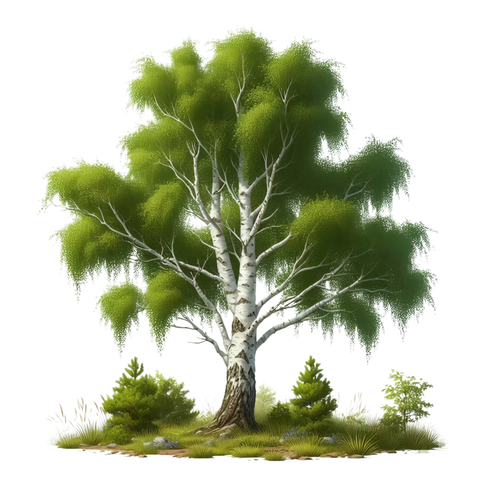 Birch Tree with Green Foliage and Small Shrubs