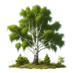 Birch Tree with Green Foliage and Small Shrubs
