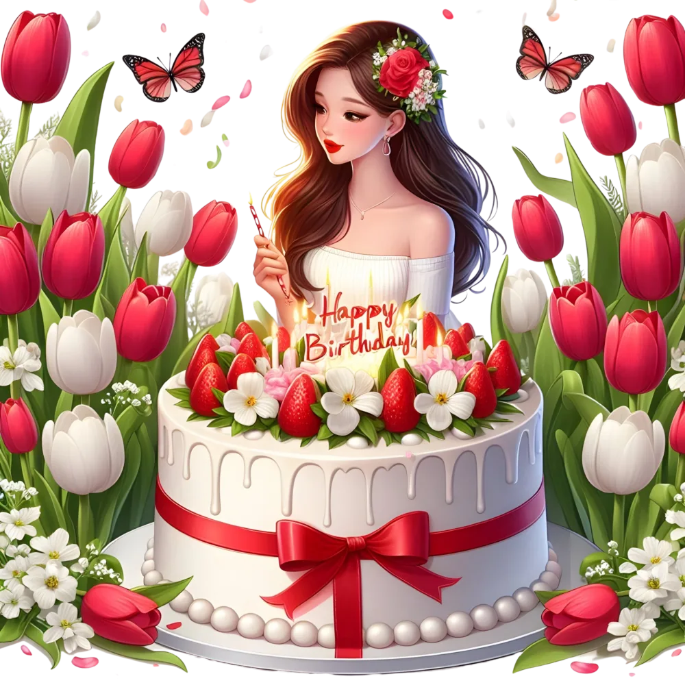 Birthday Celebration with Floral Cake and Woman Illustration