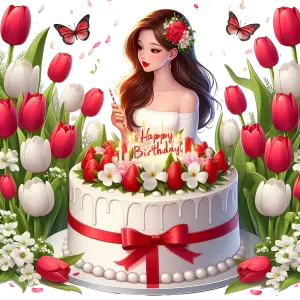 Birthday Celebration with Floral Cake and Woman Illustration