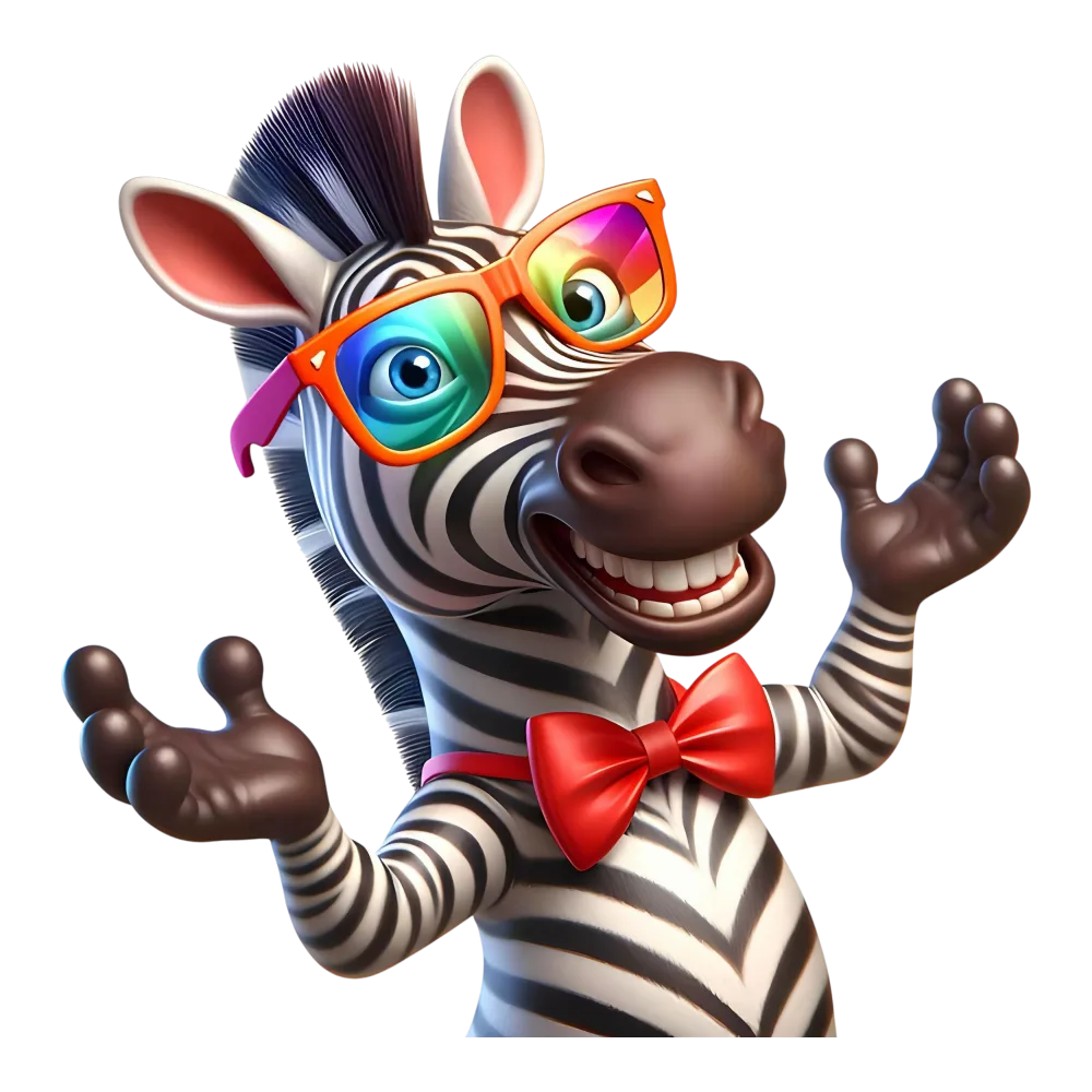 Cartoon Zebra Wearing Rainbow Sunglasses and Red Bow Tie