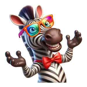 Cartoon Zebra Wearing Rainbow Sunglasses and Red Bow Tie