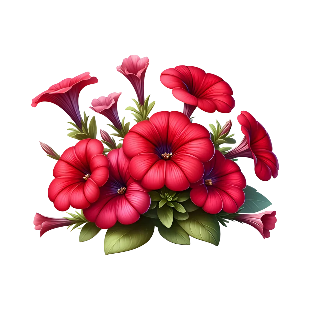 Vibrant Red Petunia Flower Bouquet with Green Leaves