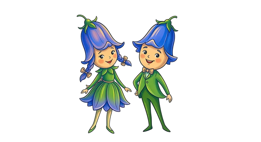 Cute Flower Children Characters with Blue Bell Hats