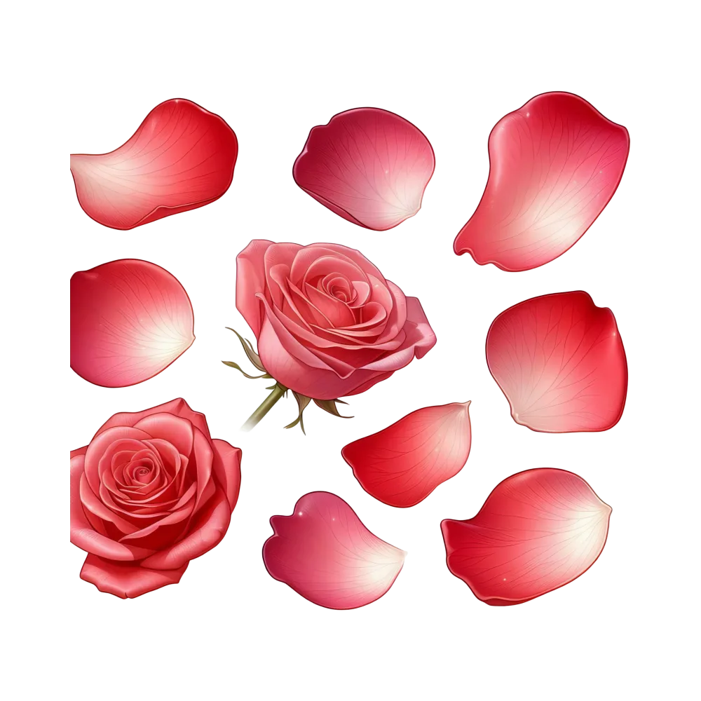 Realistic Red Rose Flowers and Petals Set