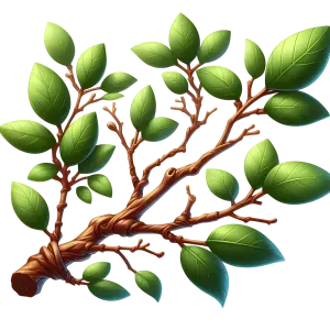 Green leafy tree branch with twisting brown bark