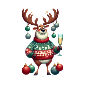 Festive Reindeer in Christmas Sweater Holding Champagne