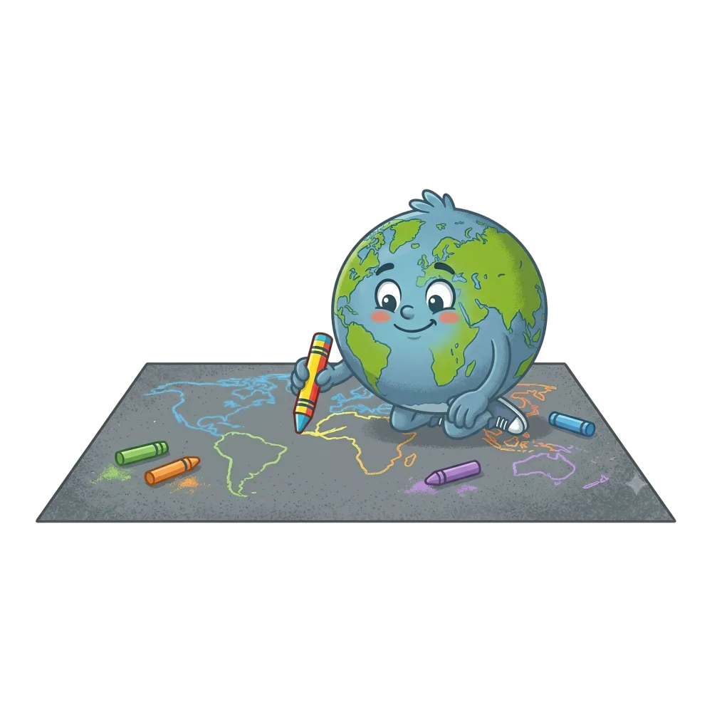 Cute Earth Character Coloring World Map with Crayons