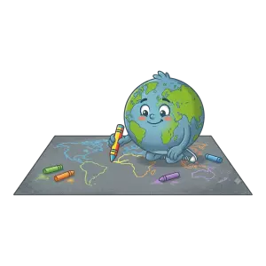Cute Earth Character Coloring World Map with Crayons