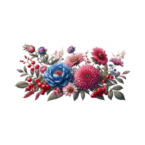 Colorful Floral Arrangement with Blue and Pink Flowers and Red Berries