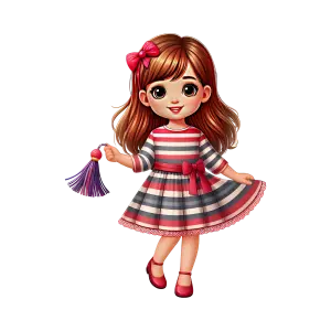 Cute Little Girl in Striped Dress Holding Purple Tassel