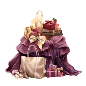 Luxury Gift Setting with Purple Drapes and Elegant Bags