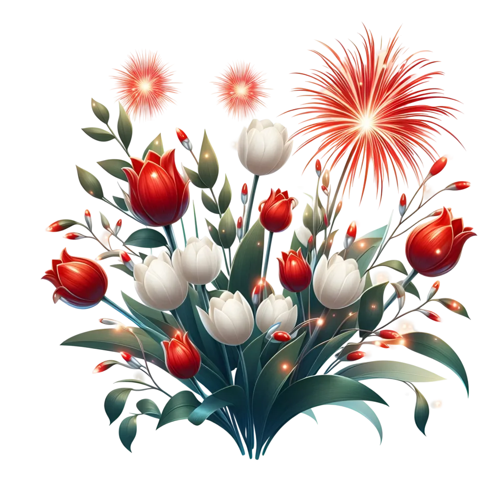 Red and White Tulip Bouquet with Firework Effects