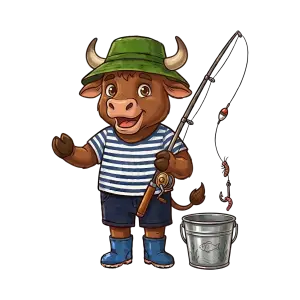 Cartoon Bull Fishing with Rod and Bucket