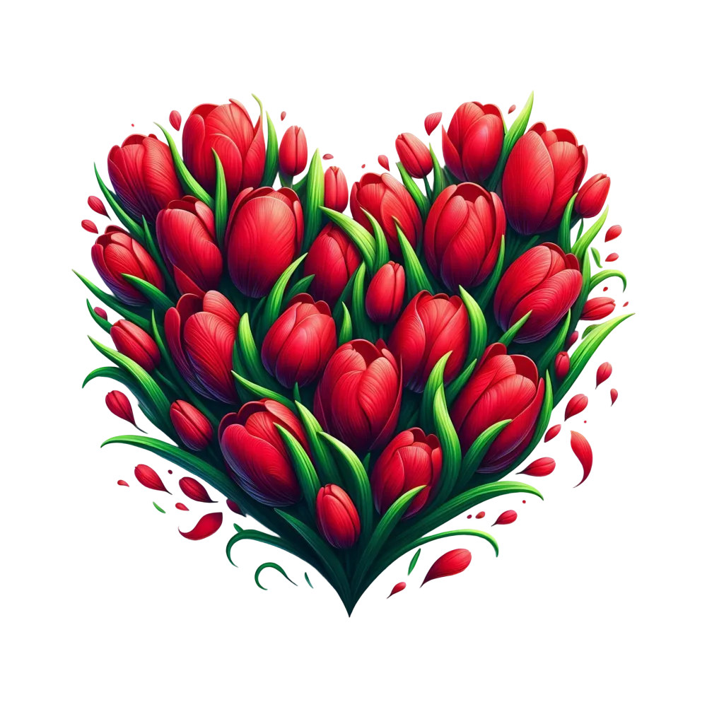 Heart-Shaped Arrangement of Red Tulips with Lush Green Leaves