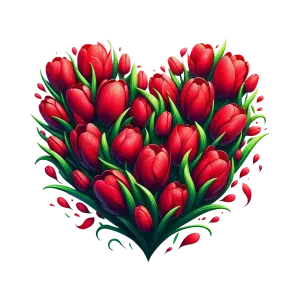 Heart-Shaped Arrangement of Red Tulips with Lush Green Leaves