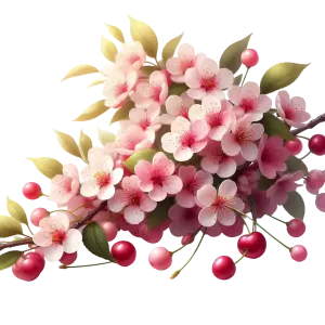 Cherry Blossom Branch with Pink Flowers and Red Cherries