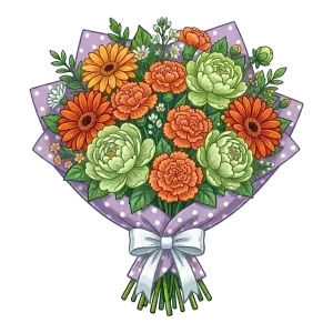 Colorful Floral Bouquet Wrapped in Purple Polka Dot Paper