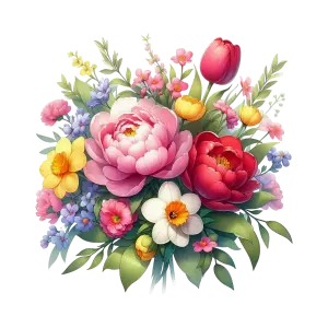 Colorful Bouquet of Various Flowers with Green Leaves