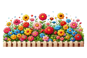 Colorful Cartoon Garden Flowers with Wooden Fence