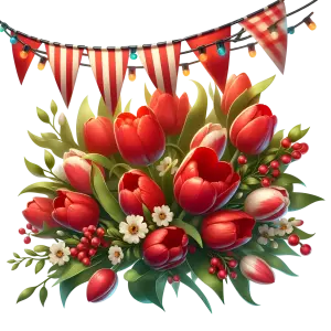 Festive Red Tulip Bouquet with Decorative Bunting and String Lights