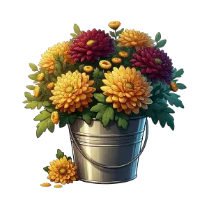 Colorful Chrysanthemum Flowers in Metal Bucket