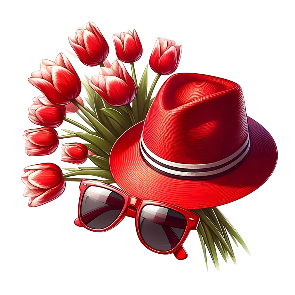Red Fedora Hat with Sunglasses and Bouquet of Red Tulips