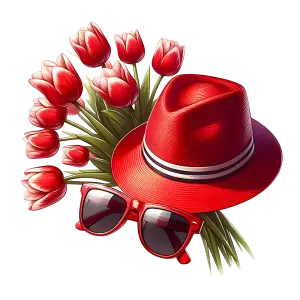 Red Fedora Hat with Sunglasses and Bouquet of Red Tulips