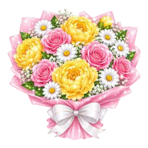 Bright Floral Bouquet with Pink Roses, Yellow Peonies and White Daisies