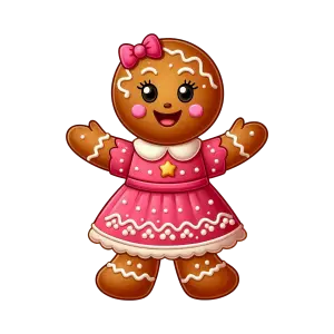 Cute Girl Gingerbread Cookie Character in Pink Dress