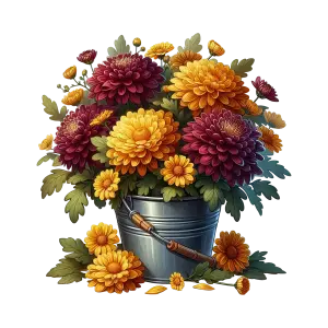 Colorful Chrysanthemum Flowers in Metal Bucket