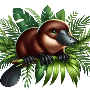 Cute Cartoon Baby Platypus Surrounded by Tropical Leaves