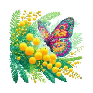 Colorful Butterfly on Yellow Mimosa Flowers