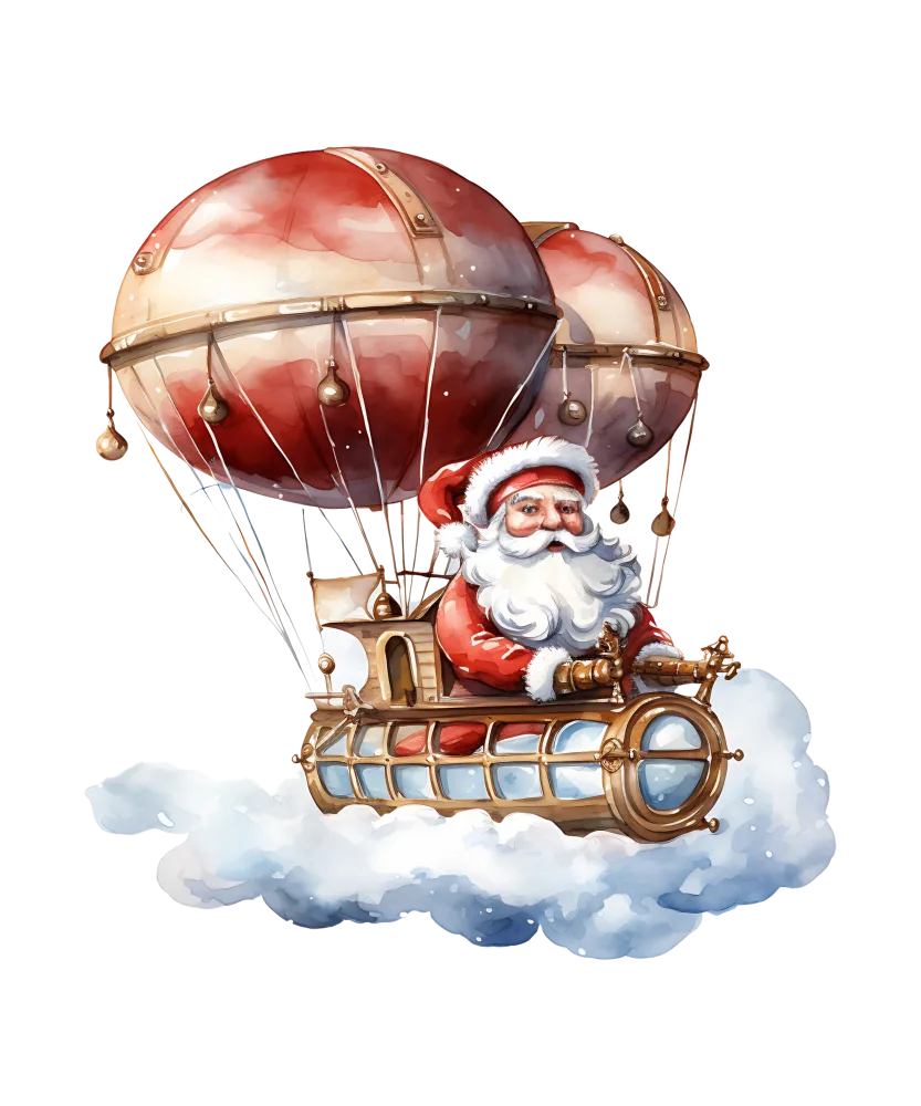 Santa Claus Flying in Steampunk Hot Air Balloon